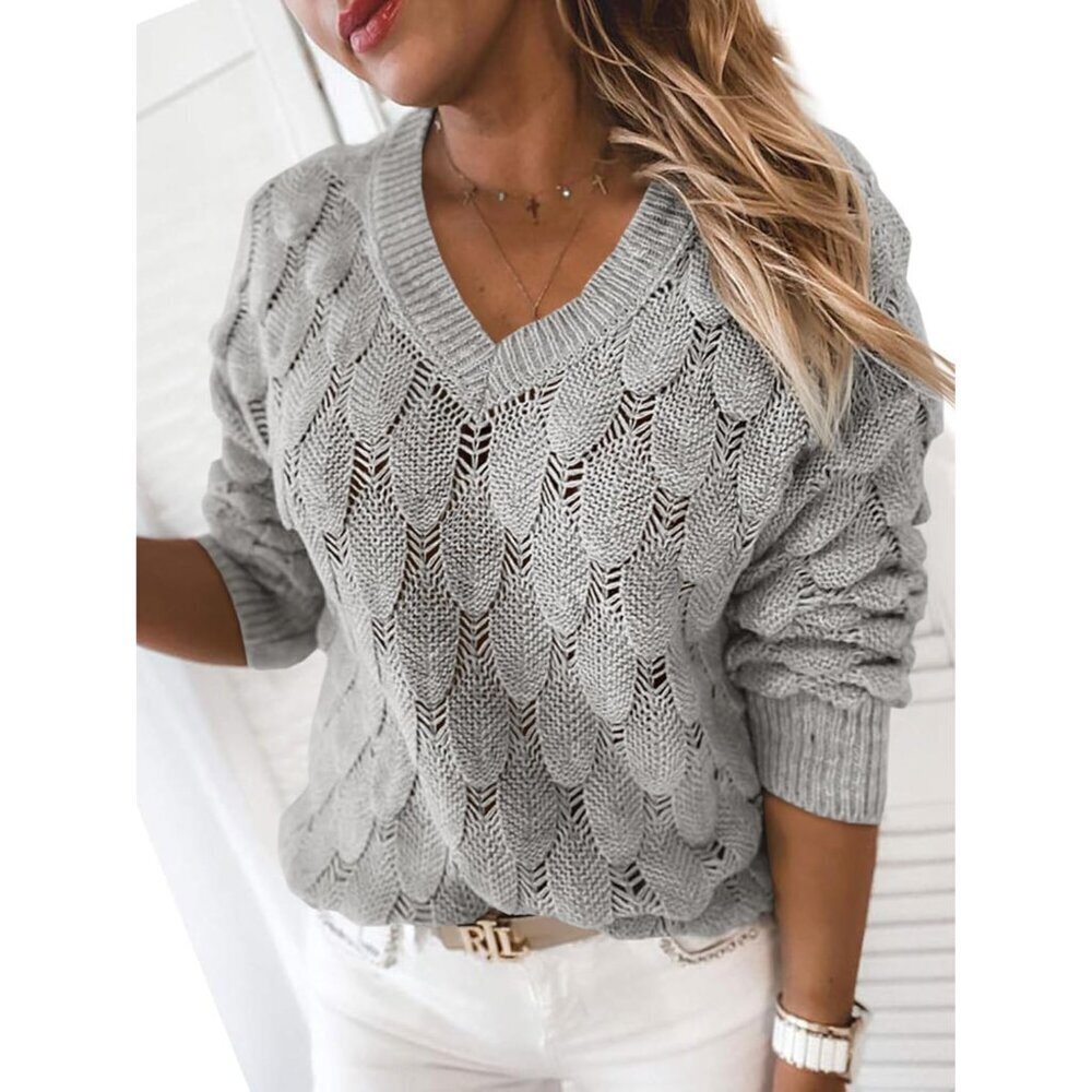 Women's V Neck Knit Sweater Lightweight Long Sleeve Casual Pullover - Picture 2 of 5